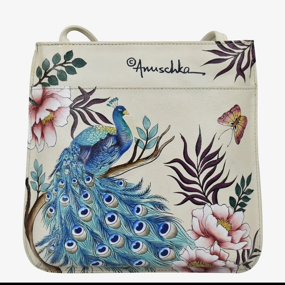 Anuschka Floral Peacock Print Cream Slim Crossbody Bag NWT - Picture 2 of 6